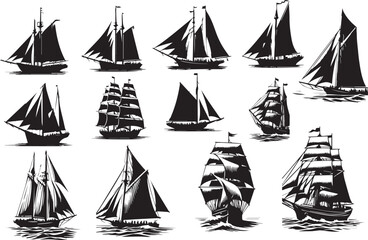 sailing ship silhouette vector set illustration.