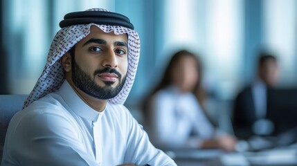 Arabian businessman in Kandura at a business meeting. Use to depict diversity, global business, and success.