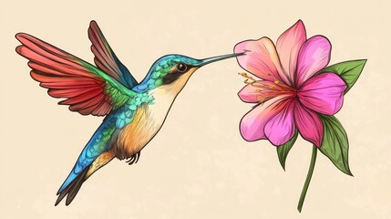 Obraz premium Hummingbird feeding on pink flower, nature background, garden art