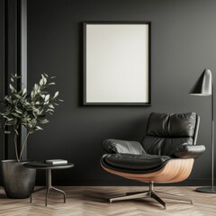 Stylish interior design featuring black leather chair, contemporary decor, and modern artwork waiting to be displayed
