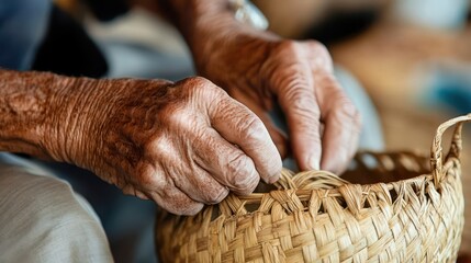An elderly person weaving a small woven basket with care