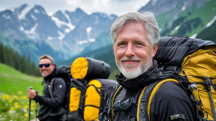 Fototapeta premium Two male hikers with backpacks enjoying a scenic mountain landscape