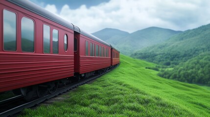 Fototapeta premium Vintage Train Moving Through Lush Green Countryside Landscape in Cinematic and Nostalgic Atmosphere