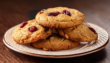 Golden brown cranberry cookies with a soft center, stacked on a decorative plate, offering a cozy and delicious treat perfect for dessert lovers and homemade baking themes.