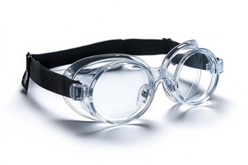Protective clear safety goggles with adjustable strap on white background