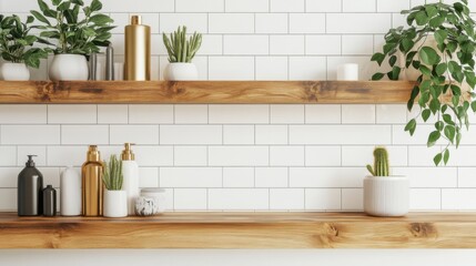 Fototapeta premium Stylish wooden shelves adorned with potted plants and decorative items in a modern interior setting