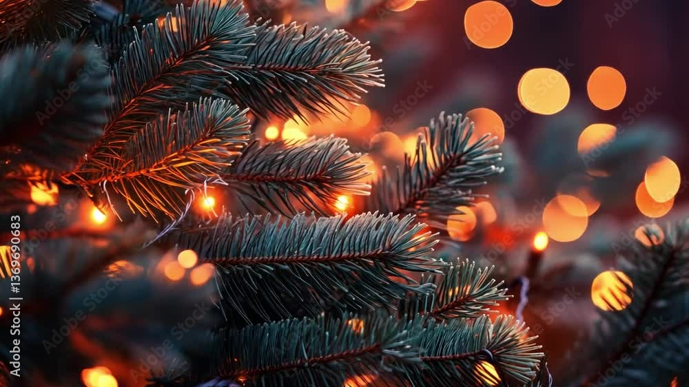 Poster cozy close up of evergreen branches adorned with warm lights, creating festive atmosphere with soft 
