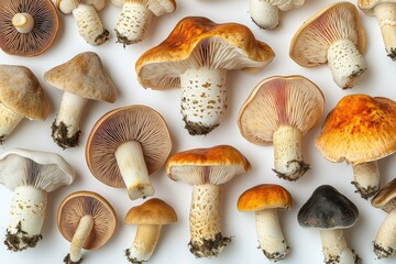 Variety of fresh mushrooms on white background: natural cooking ingredients