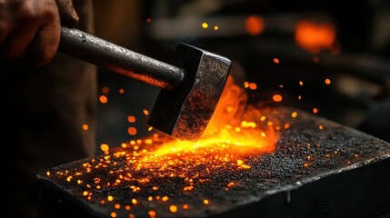 A blacksmith is hammering hot metal with sparks flying everywhere
