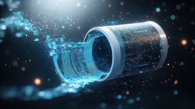 Data stream flows through a futuristic cylinder, glowing with digital patterns