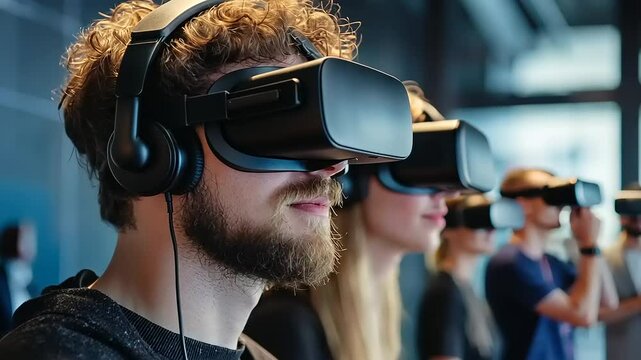 Group of individuals experiencing virtual reality in a modern tech space, showcasing immersive technology