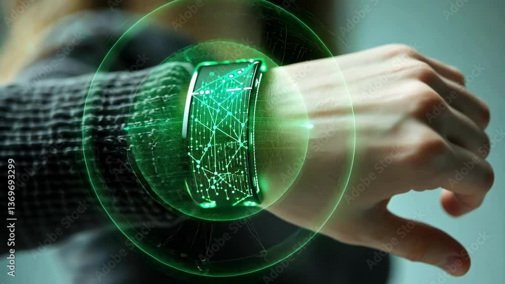 Poster close up of a woman's hand wearing a futuristic smartwatch featuring a glowing green holographic dis