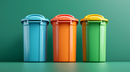 Three Colorful Recycling Bins Against Green Background