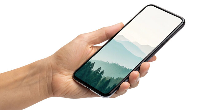 Hand holding smartphone displaying scenic mountain landscape wallpaper image