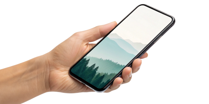 Hand holding smartphone displaying scenic mountain landscape wallpaper image