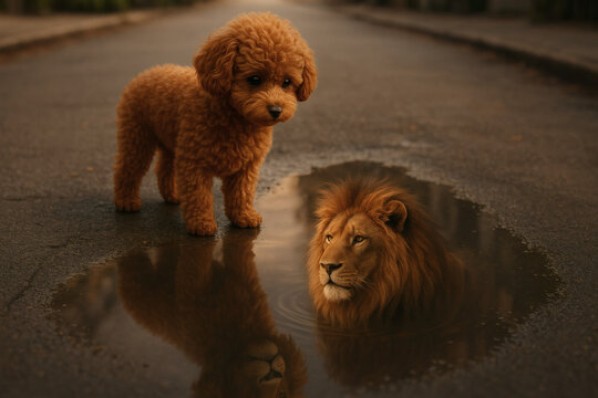 Fluffy puppy sees a lion&rsquo;s reflection in a puddle