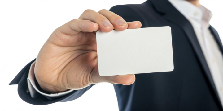 Businessman holding a blank white card close up image