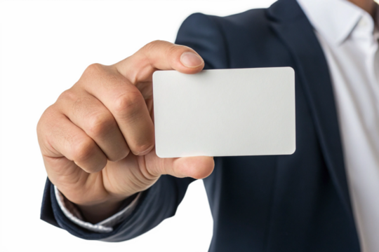 Businessman Holding a Blank White Card for Advertisement or Presentation
