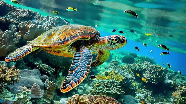 A green sea turtle swims effortlessly among vibrant coral reefs, showcasing its stunning colors and natural grace in the clear blue water.