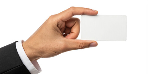 Fototapeta premium A man in a business suit holding a blank white card mockup