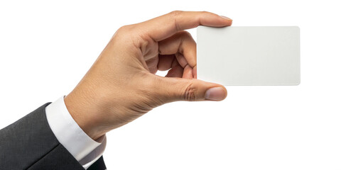 Obraz premium A hand in a business suit holds a blank white card for mockup