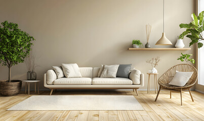 Modern Home Interior with Neutral Colors, Soft Textures, and Cozy Wooden Accents 3D Illustration