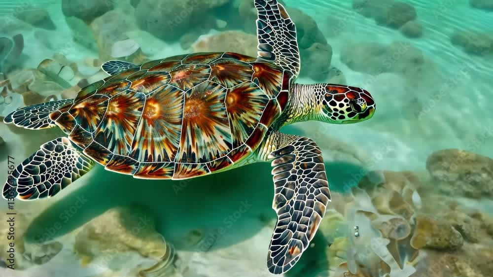 Poster a sea turtle glides effortlessly across a serene ocean surface, showcasing vivid shell patterns and 