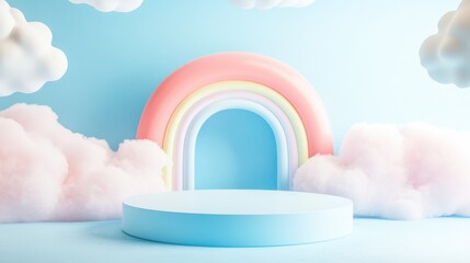 Colorful rainbow backdrop with soft clouds and circular stage creating a whimsical atmosphere for creative projects