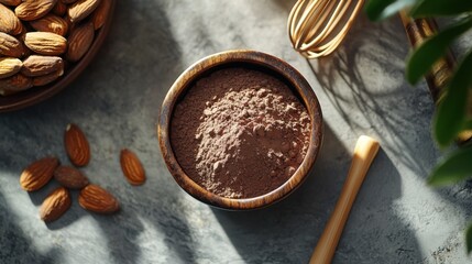 Fototapeta premium Cocoa Powder and Almonds in Wooden Bowl, Sunlit Kitchen Setting
