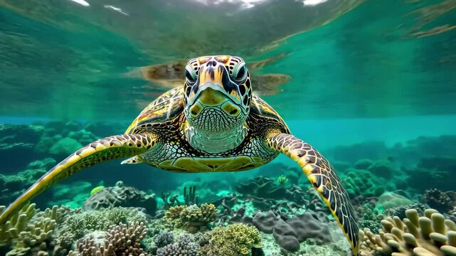 The sea turtle glides effortlessly through vibrant coral reefs, its intricate shell patterns beautifully visible in the bright, clear waters of the tropical environment.