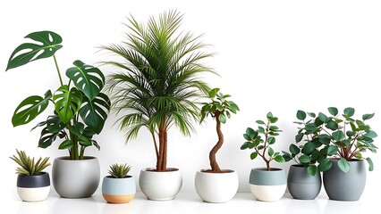 Obraz premium A serene collection of potted plants, showcasing diverse greenery in minimalist grey and white pots, bathed in soft natural light.