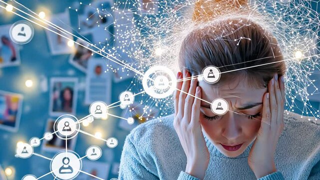 A stressed woman holding her head as digital connection lines and social icons overwhelm the background. A symbolic representation of social media overload, mental strain, and digital fatigue
