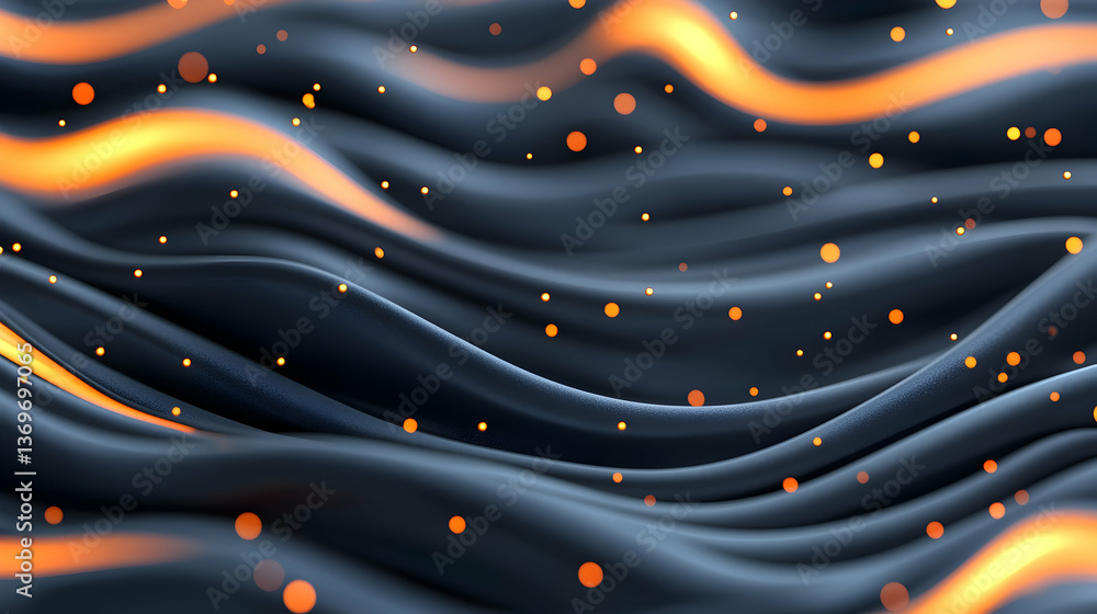Poster dark abstract background with glowing orange particles and smooth wave texture