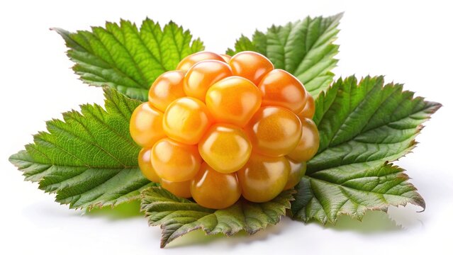 Closeup of a single ripe cloudberry resting on its vibrant green leaf against a stark white background