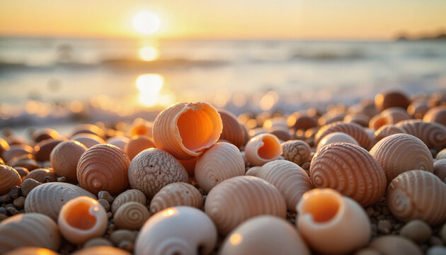 Intricate seashells at shoreline during sunset, serene reflection