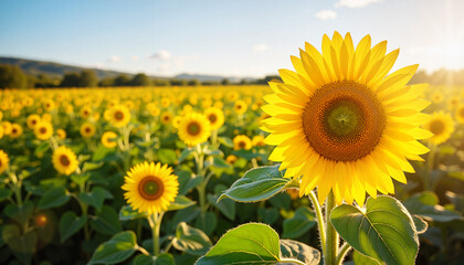 Fototapeta premium Sunflower field swaying in breeze under bright afternoon sun, nature beauty