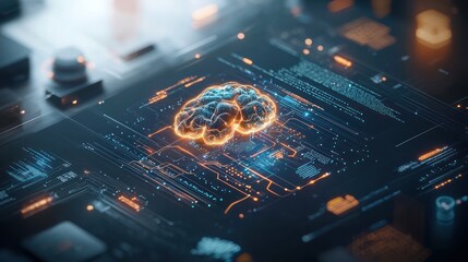 Digital brain integrated onto a circuit board, glowing with energy