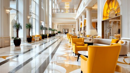 Spacious Hotel Lobby with Yellow Chairs and Marble Floor