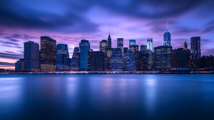 35. A sweeping twilight shot of Manhattan, showcasing the glowing city lights of the skyline with calm waters below