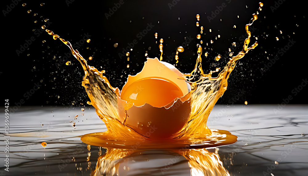 Poster egg splashes vibrantly in studio setting high-speed photography dark background dynamic action