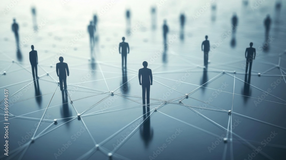 Poster digital network of people connected through lines conveying relationships in a modern workspace envi