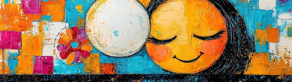 Poster whimsical and colorful artwork representing a joyful moment between a husband and loved one with pla