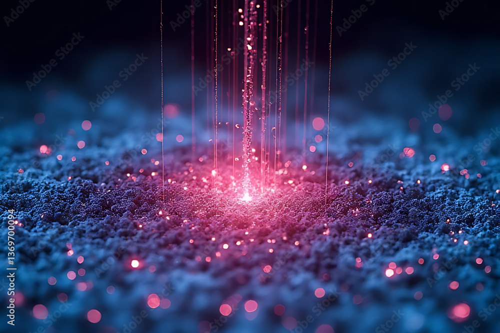 Poster dynamic light rays emanating from ground surface abstract digital art dark environment close-up