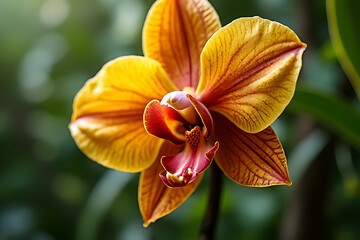 Blooming golden orchid flower botanical garden nature photography lush green environment close-up
