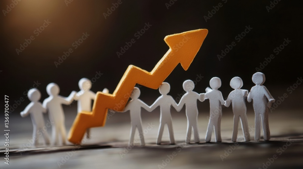 Aufkleber paper figures holding hands with an arrow pointing upward representing growth and collaboration in a