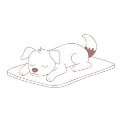 A cute puppy sleeps on a rug. Vector icon in linear style. Isolated on a white background.