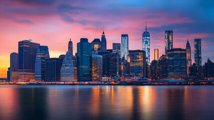 Fototapeta premium 42. Panoramic view of the Manhattan skyline at dusk, with illuminated skyscrapers and the calm river beneath the vibrant sky