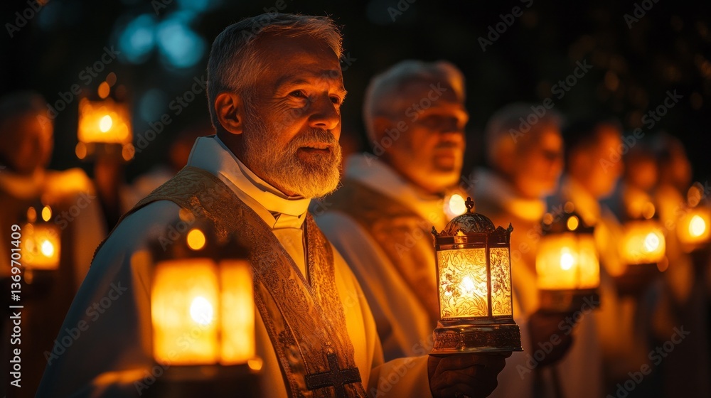 Poster a group of priests gathers in solemn unity, holding flickering lanterns that illuminate their faces 