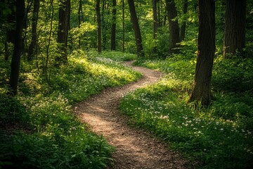 Fototapeta premium Sunlit forest path winding through lush greenery and blossoming wildflowers