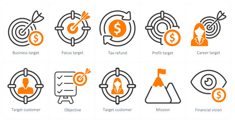 A set of 10 business icons as business target, focus target, tax refund